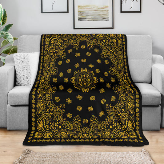 Ultra Plush 2 Gold on Black Bandana Throw Blanket