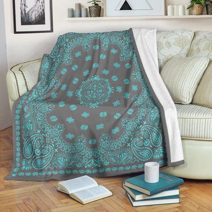 Ultra Plush 2 Lt Teal on Gray Bandana Throw Blanket