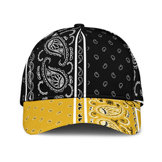 Classic Cap - Black Bandana Style w Gold Bill