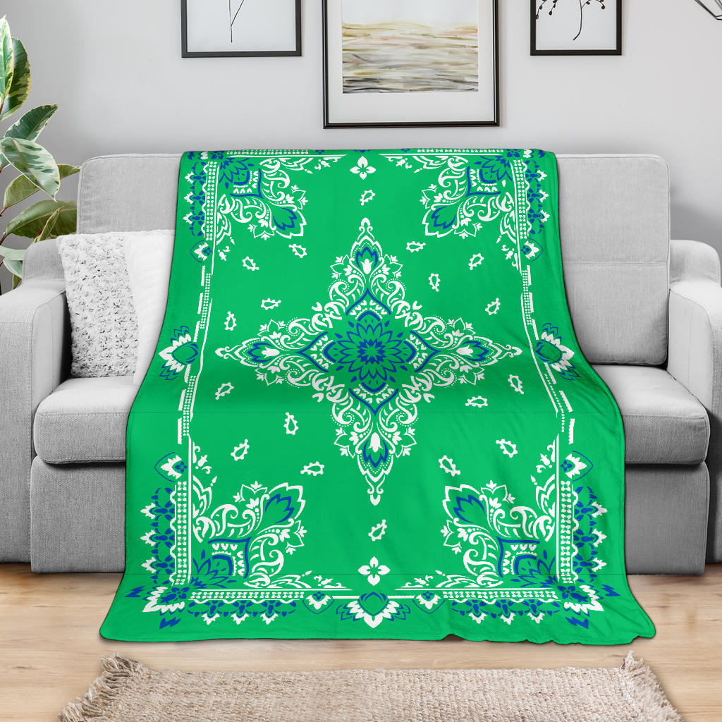 Ultra Plush 3 Blue White on Green Bandana Throw Blanket