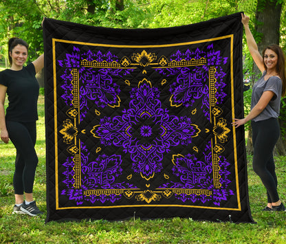 Quilt 3 Violet Gold Bandana on Black w Sq