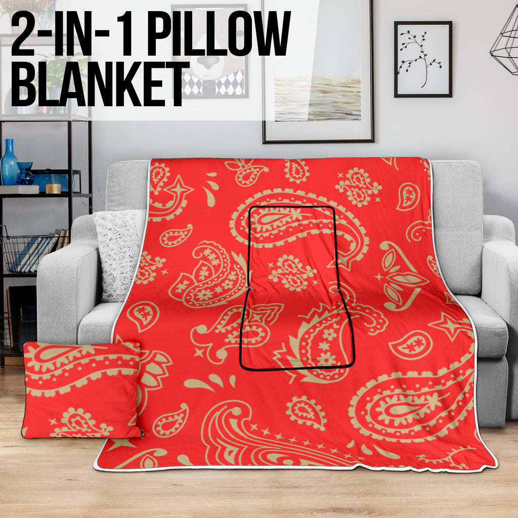 Pillow Blanket - Red and Gold Paisley
