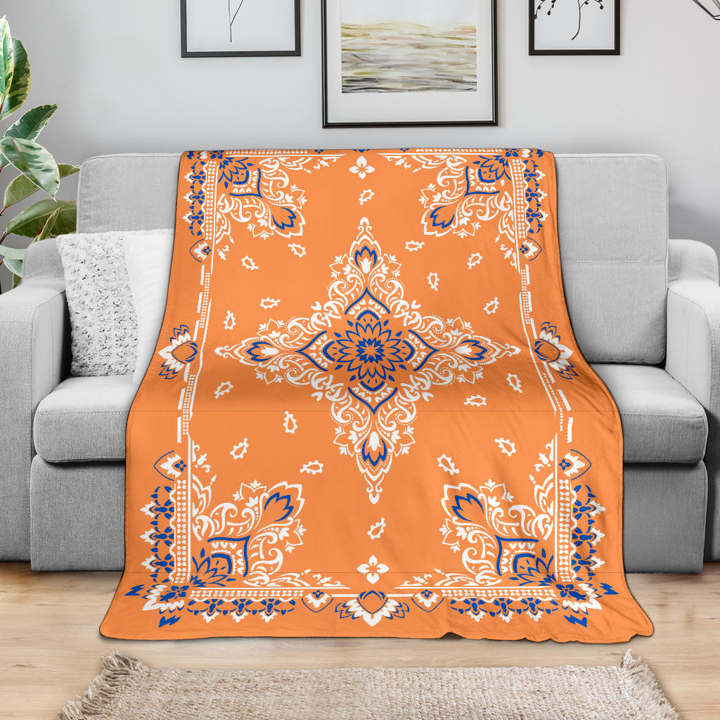 Ultra Plush 3 White/Blue on Orange Bandana Throw Blanket