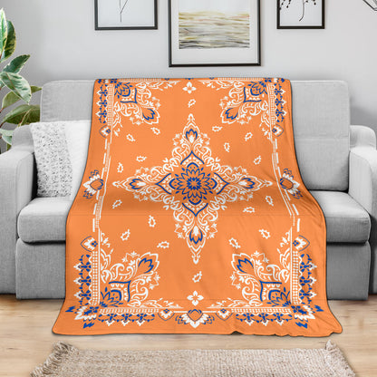 Ultra Plush 3 White/Blue on Orange Bandana Throw Blanket