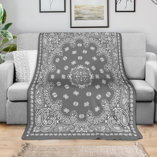 Ultra Plush 2 White on Gray Bandana Throw Blanket