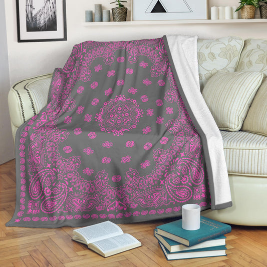 Ultra Plush 2 Pink on Gray Bandana Throw Blanket