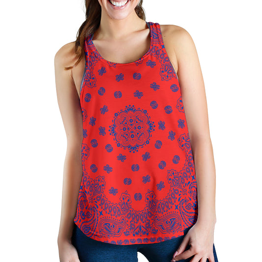 Women's Racerback Tank - Cobalt Bandana on Red