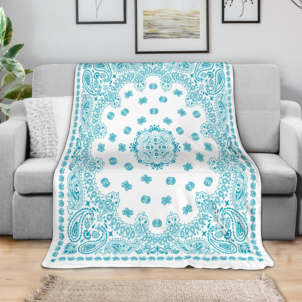 Ultra Plush 2 Teal on White Bandana Throw Blanket