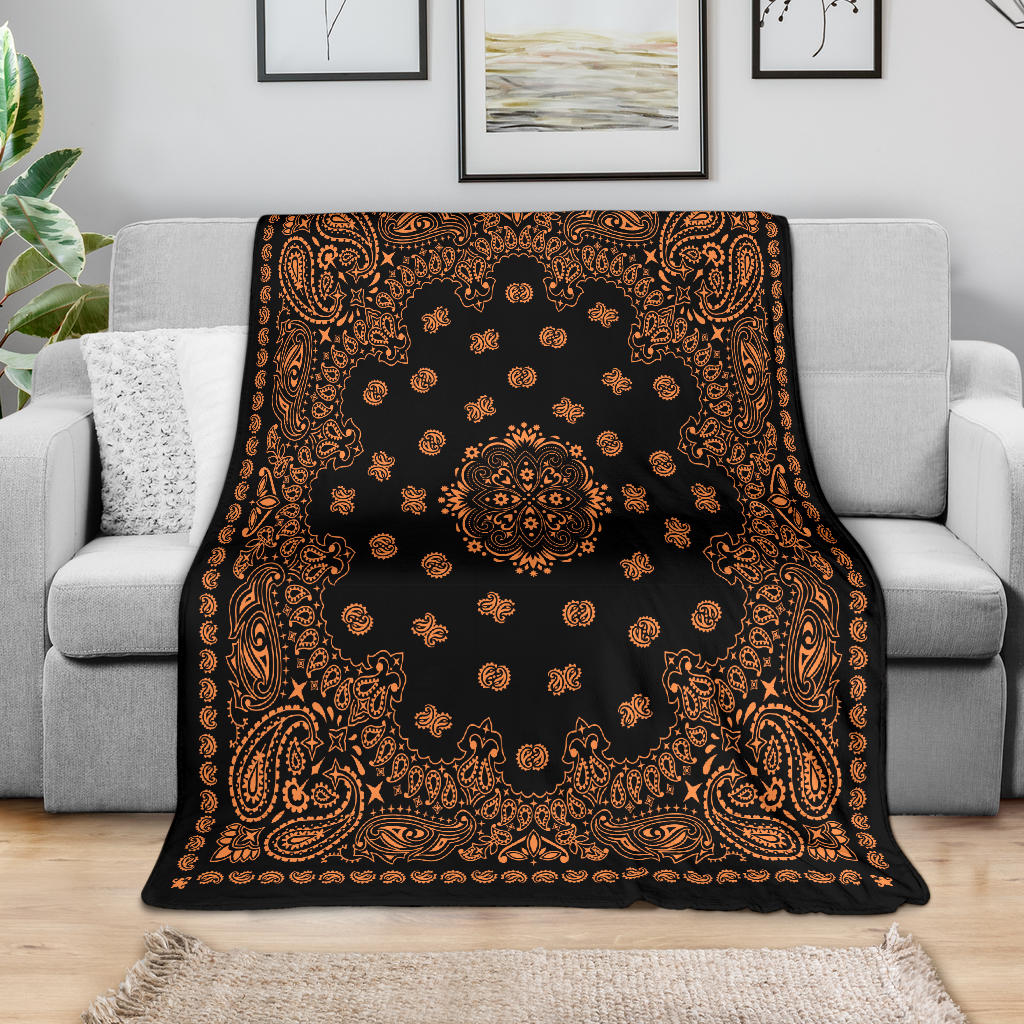 Ultra Plush 2 Orange on Black Bandana Throw Blanket