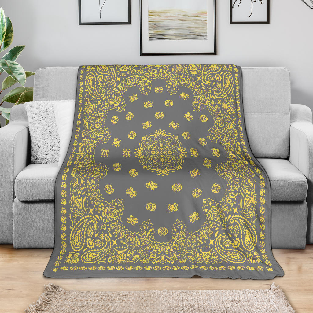 Ultra Plush 2 Yellow on Gray Bandana Throw Blanket
