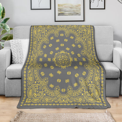 Ultra Plush 2 Yellow on Gray Bandana Throw Blanket