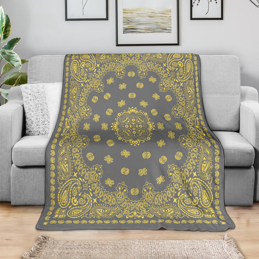 Ultra Plush 2 Yellow on Gray Bandana Throw Blanket