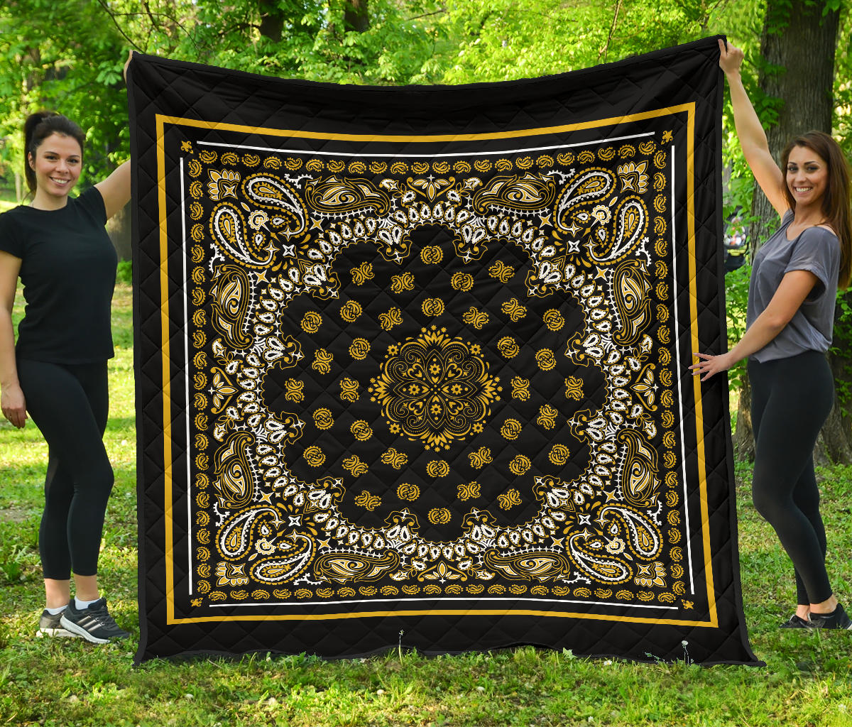 Quilt 2 Gold White Bandana on Black with Square