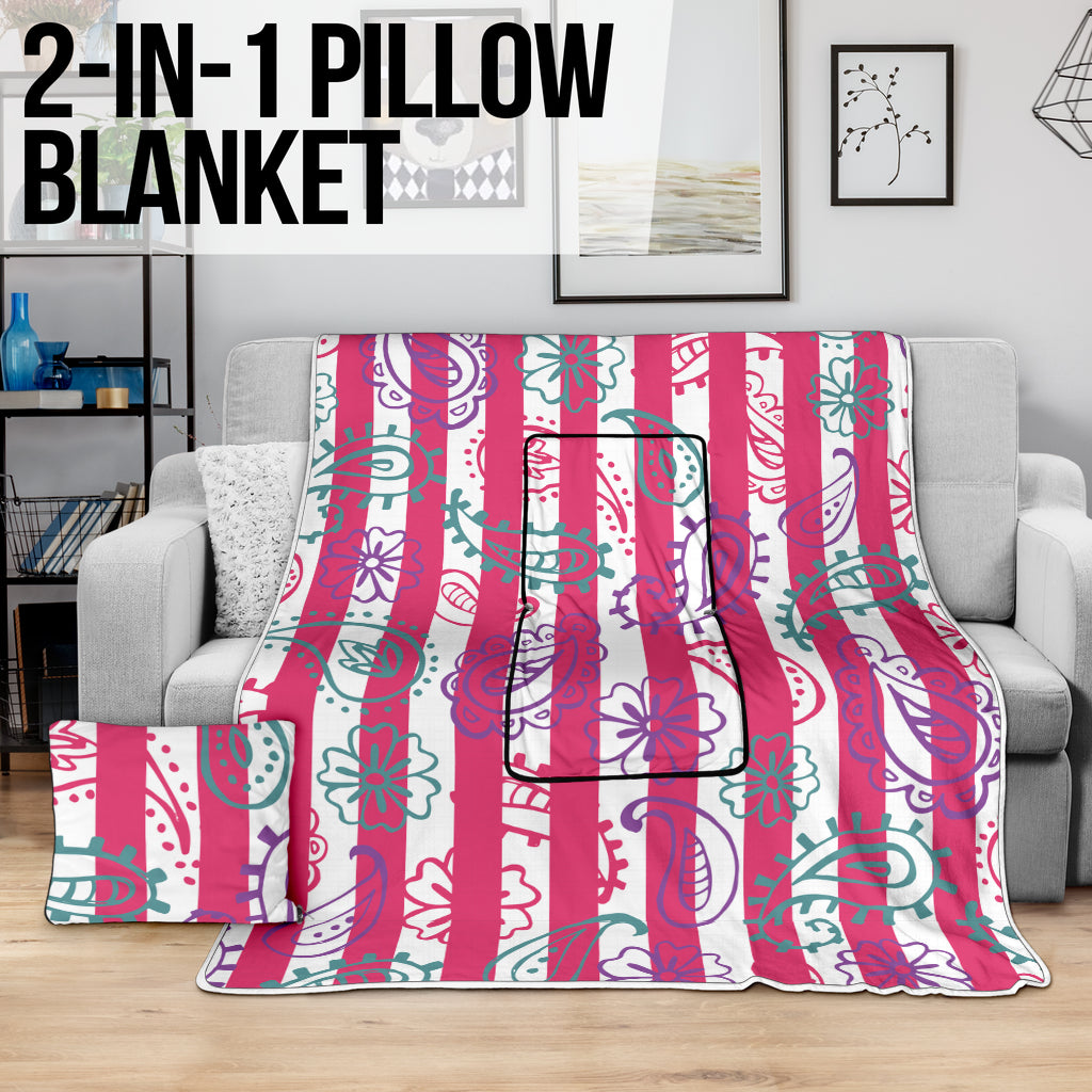 Pillow Blanket - Pink Stripes and Paisley