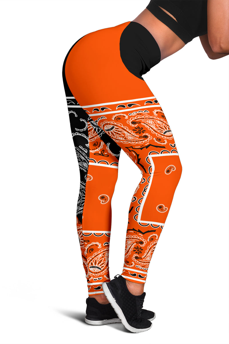 Women's Leggings - Orange Black Bandana