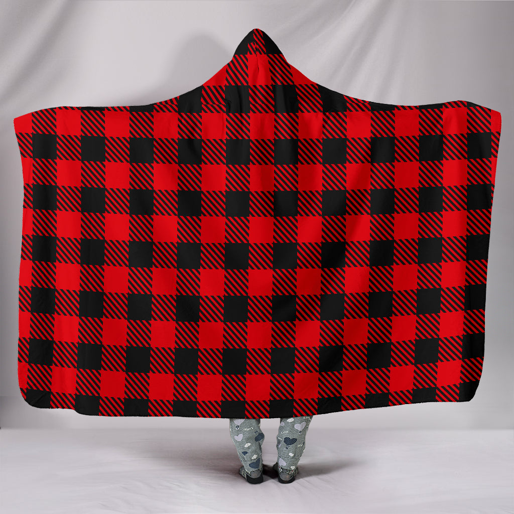 Hooded Blanket - Red Black Tartan Plaid