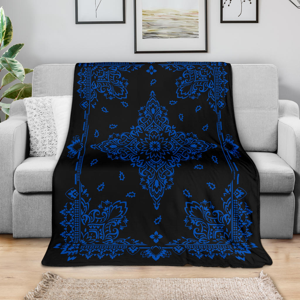 Ultra Plush 3 Cobalt on Black Bandana Throw Blanket