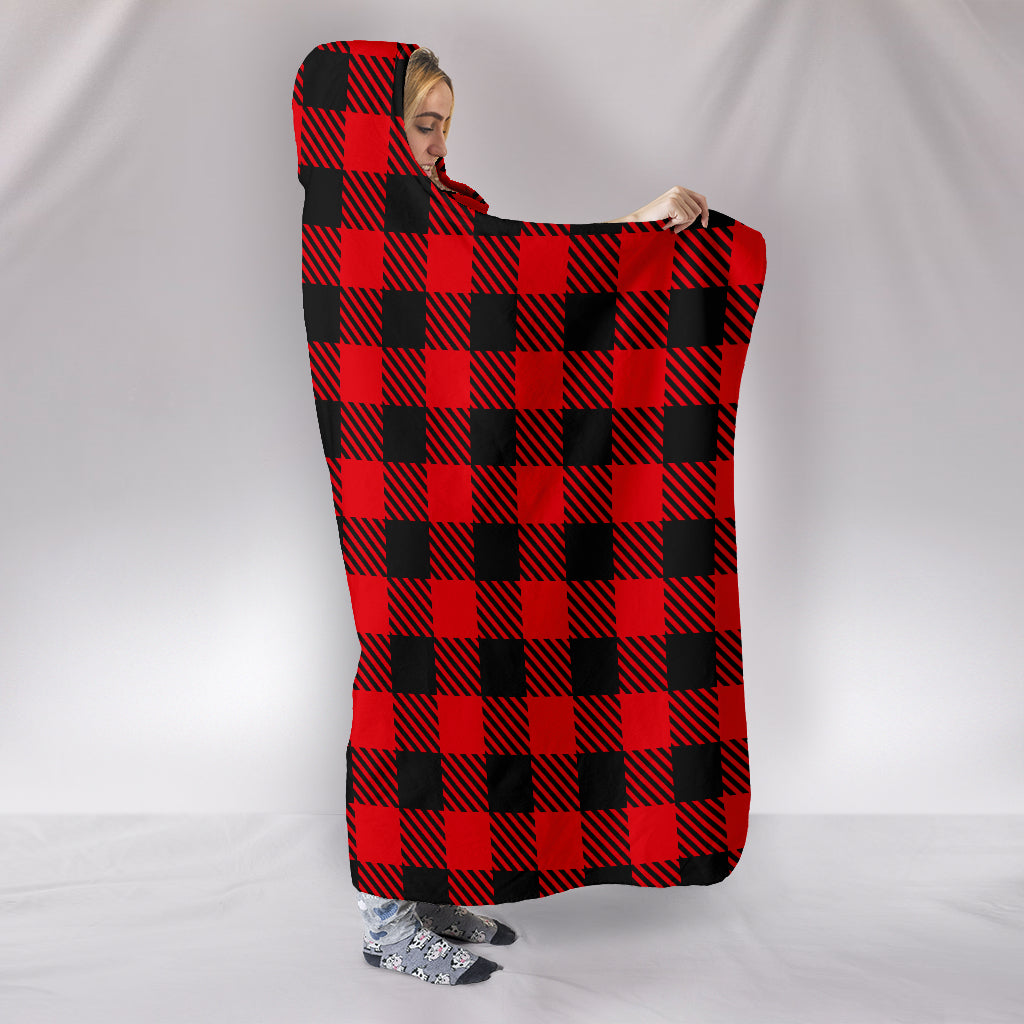 Hooded Blanket - Red Black Tartan Plaid