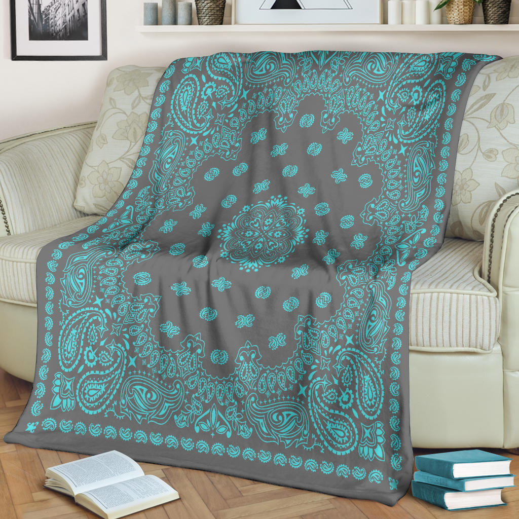 Ultra Plush 2 Lt Teal on Gray Bandana Throw Blanket