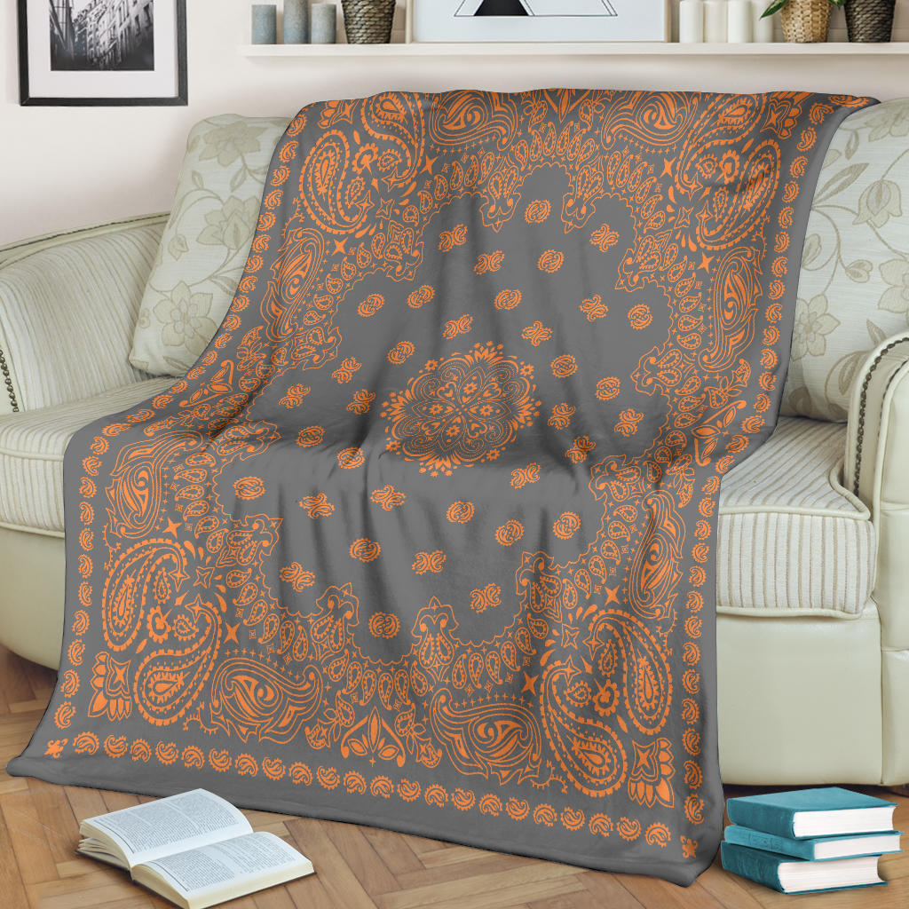 Ultra Plush 2 Orange on Gray Bandana Throw Blanket