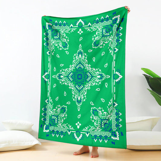 Ultra Plush 3 Blue White on Green Bandana Throw Blanket