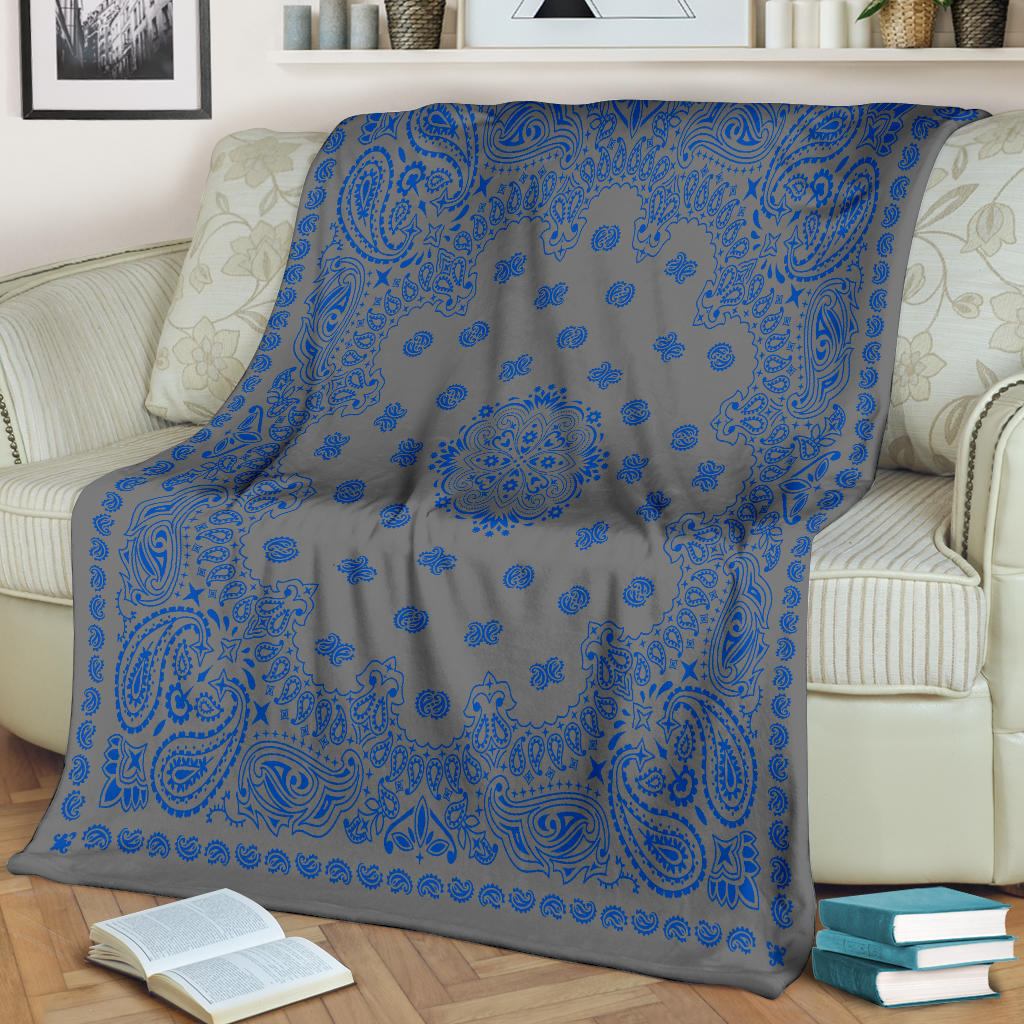 Ultra Plush 2 Cobalt on Gray Bandana Throw Blanket