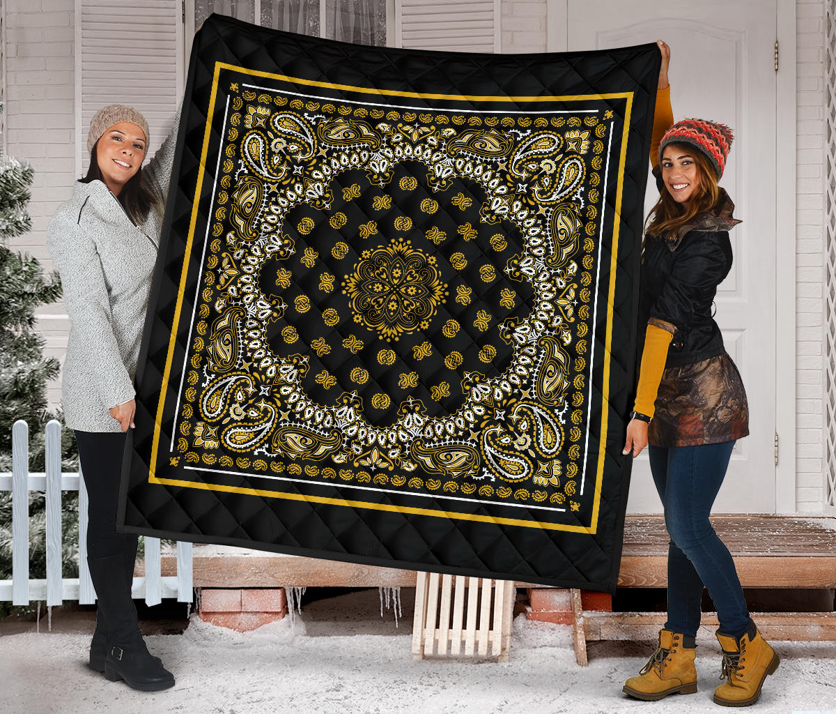 Quilt 2 Gold White Bandana on Black with Square