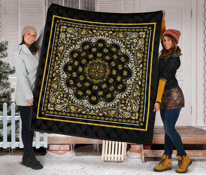 Quilt 2 Gold White Bandana on Black with Square