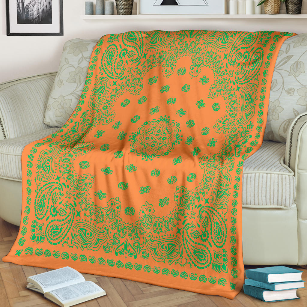 Ultra Plush 2 Green on Orange Bandana Throw Blanket