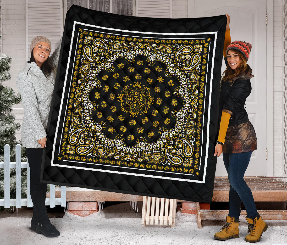 Quilt 2 Gold Bandana on Black White Border