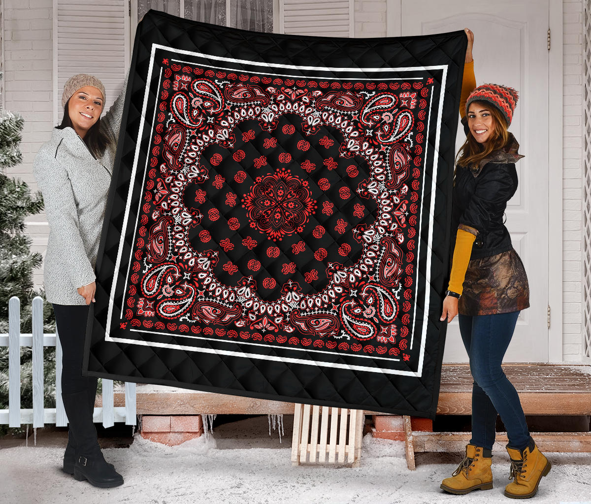Quilt 2 Red Bandana on Black w White Sq.