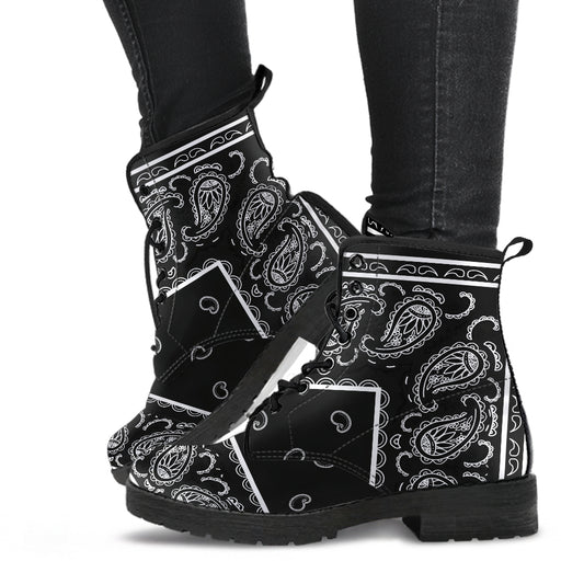 Women's Leather Bandana Boot - Black and White