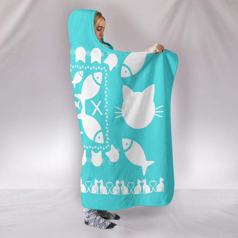 Ultimate Teal Kitties and Fish Hooded Blanket