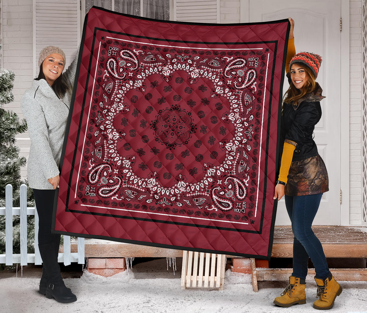 Quilt 2 Black White on Maroon Black Sq