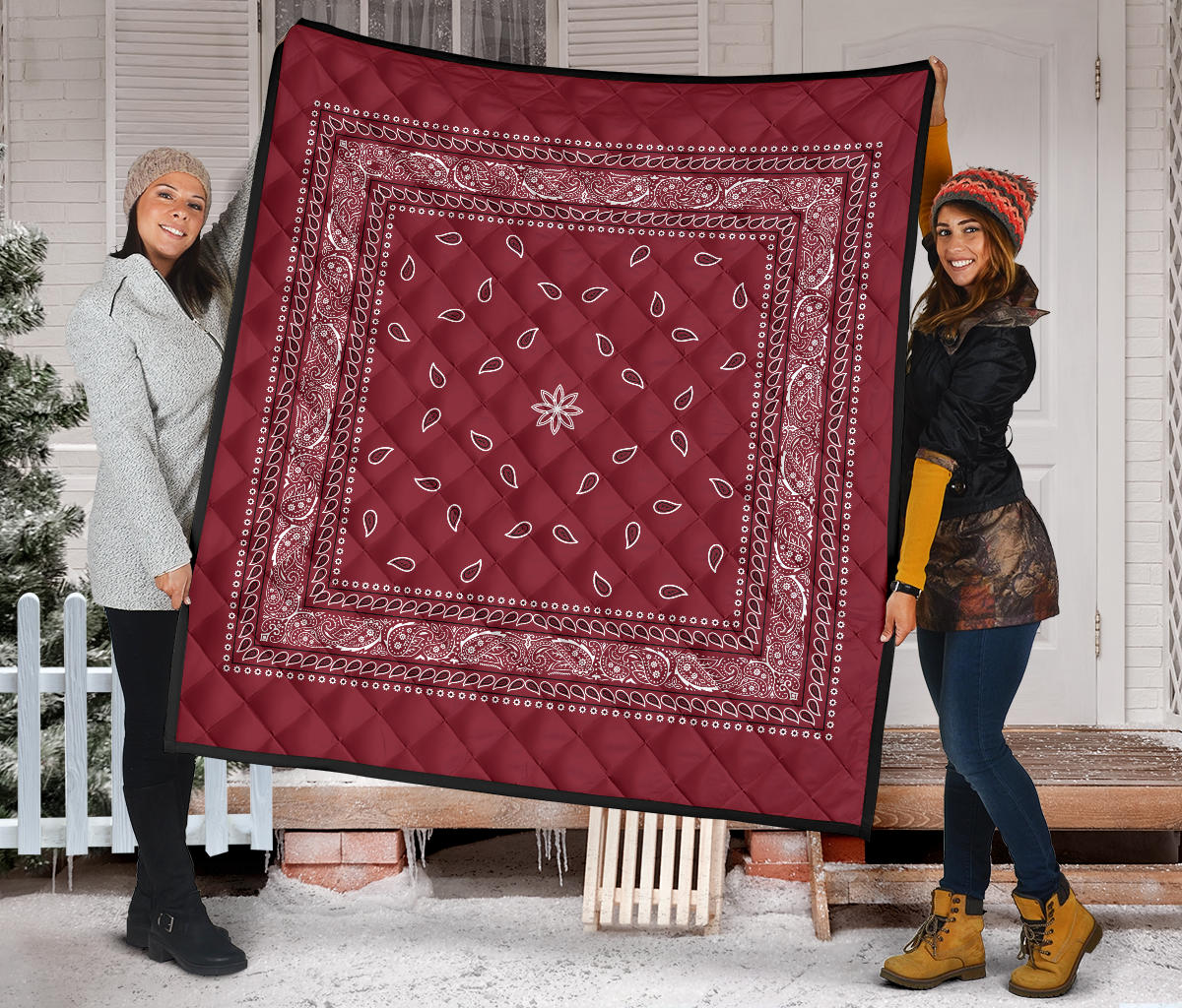 Quilt 4 Black White Bandana on Maroon