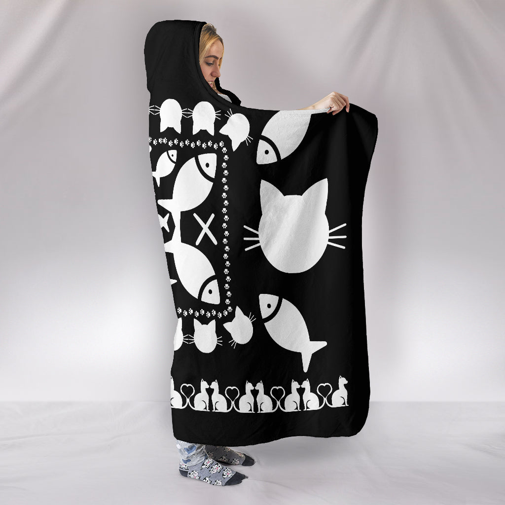 Ultimate Black Kitties and Fish Hooded Blanket