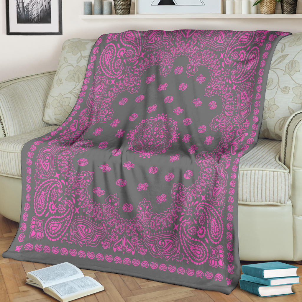 Ultra Plush 2 Pink on Gray Bandana Throw Blanket