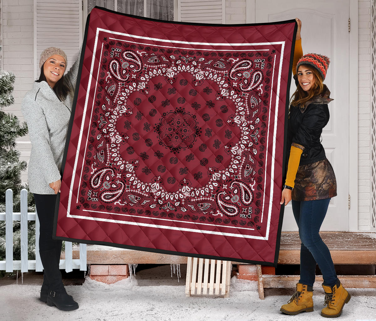 Quilt 2 Black White on Maroon, White Sq