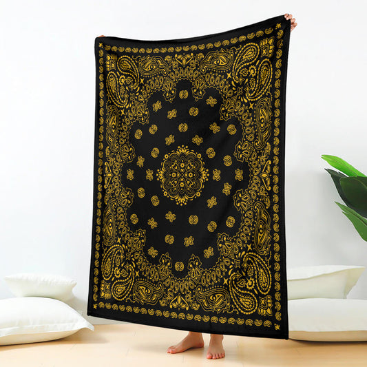 Ultra Plush 2 Gold on Black Bandana Throw Blanket