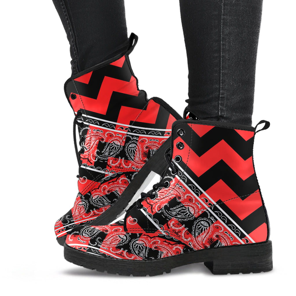 Flying V Zig Zag Leather Bandana Boot - Red Black