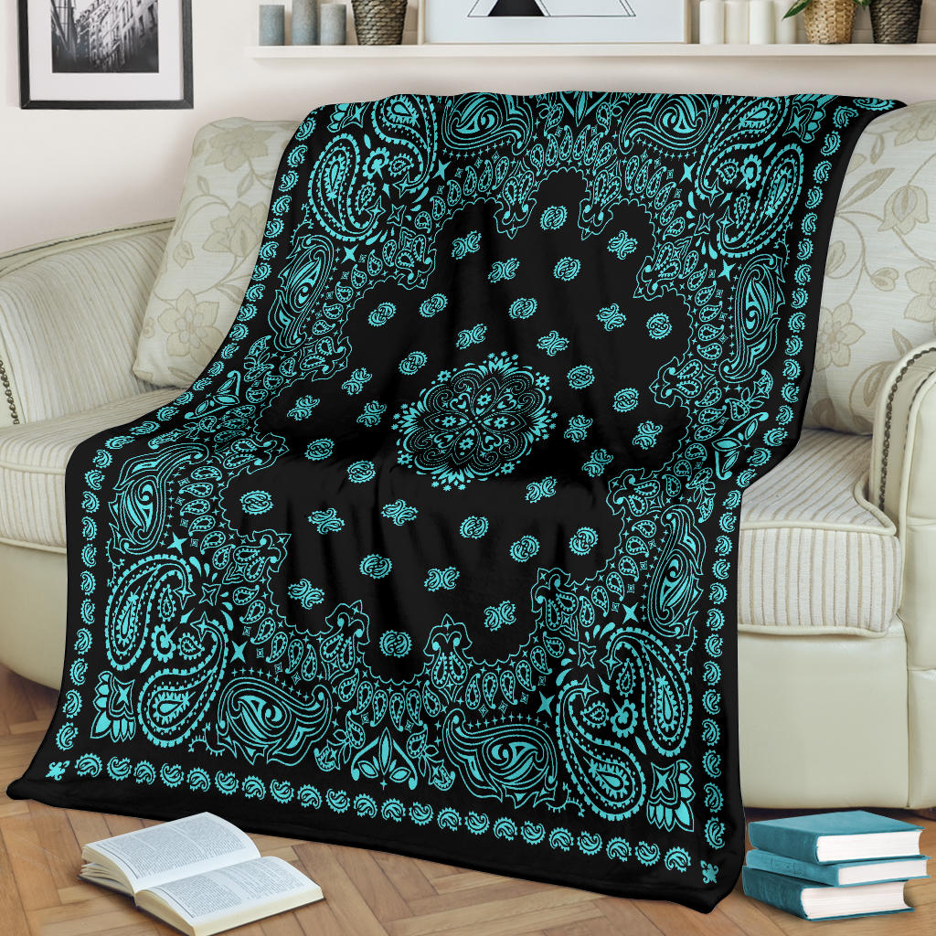 Ultra Plush 2 Lt Teal on Black Bandana Throw Blanket