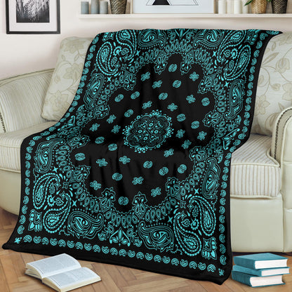 Ultra Plush 2 Lt Teal on Black Bandana Throw Blanket
