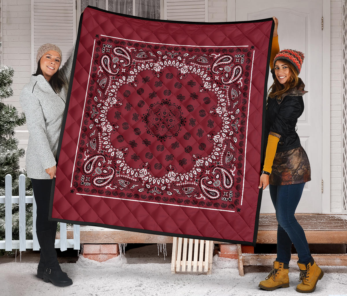 Quilt 2 Black White Bandana on Maroon