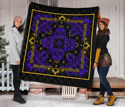 Quilt 3 Violet Gold Bandana on Black w Sq