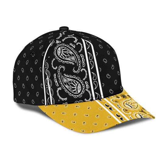 Classic Cap - Black Bandana Style w Gold Bill