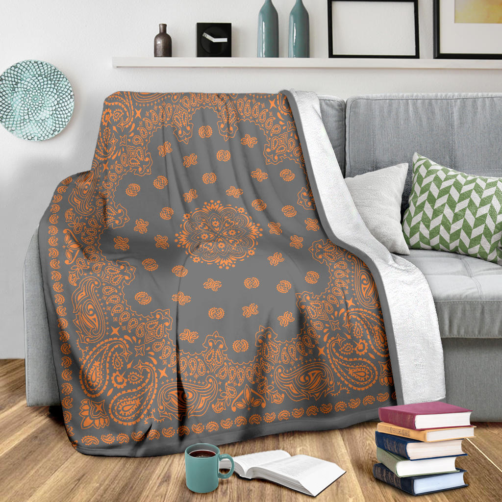 Ultra Plush 2 Orange on Gray Bandana Throw Blanket