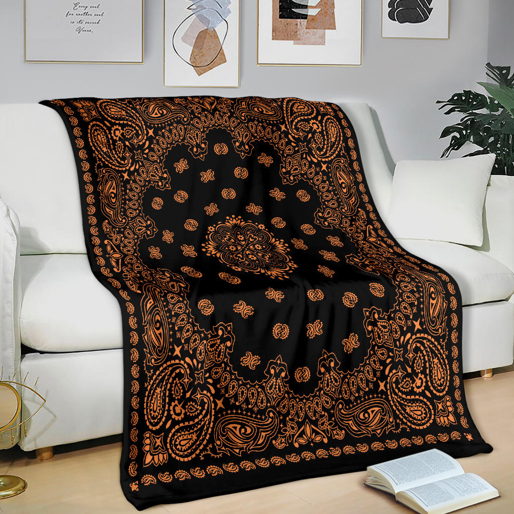 Ultra Plush 2 Orange on Black Bandana Throw Blanket