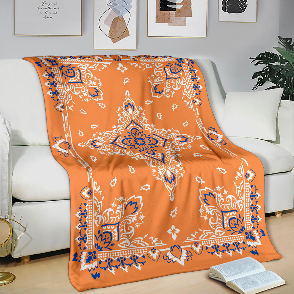 Ultra Plush 3 White/Blue on Orange Bandana Throw Blanket