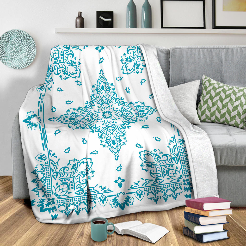 Ultra Plush 3 Teal on White Bandana Throw Blanket