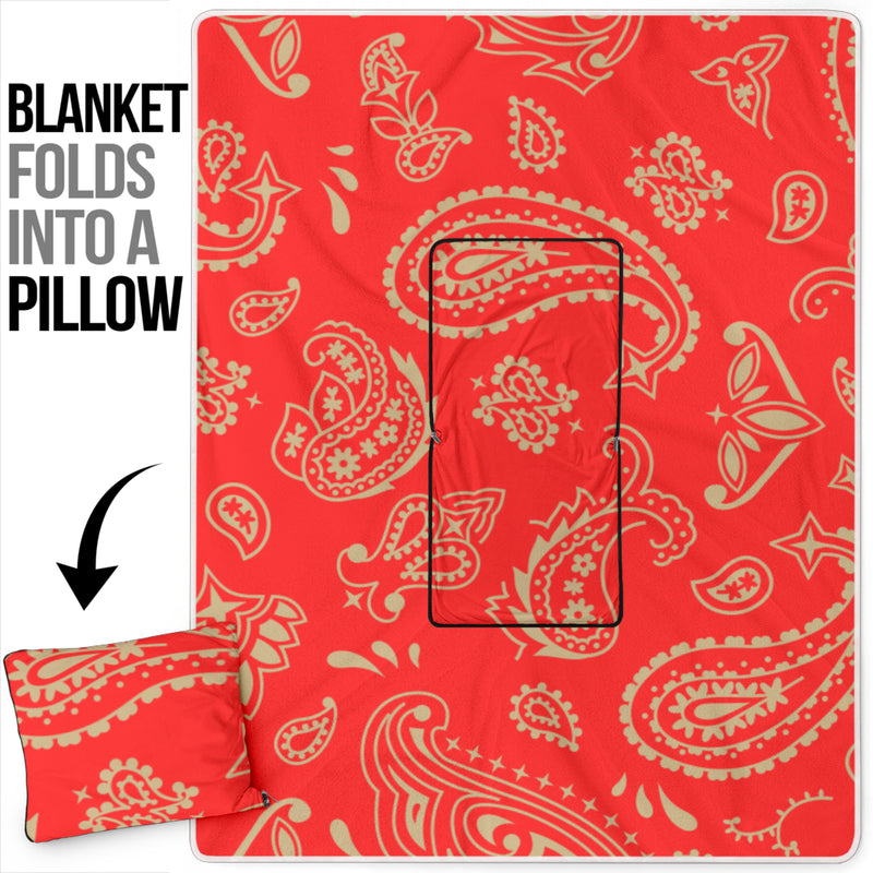 Pillow Blanket - Red and Gold Paisley